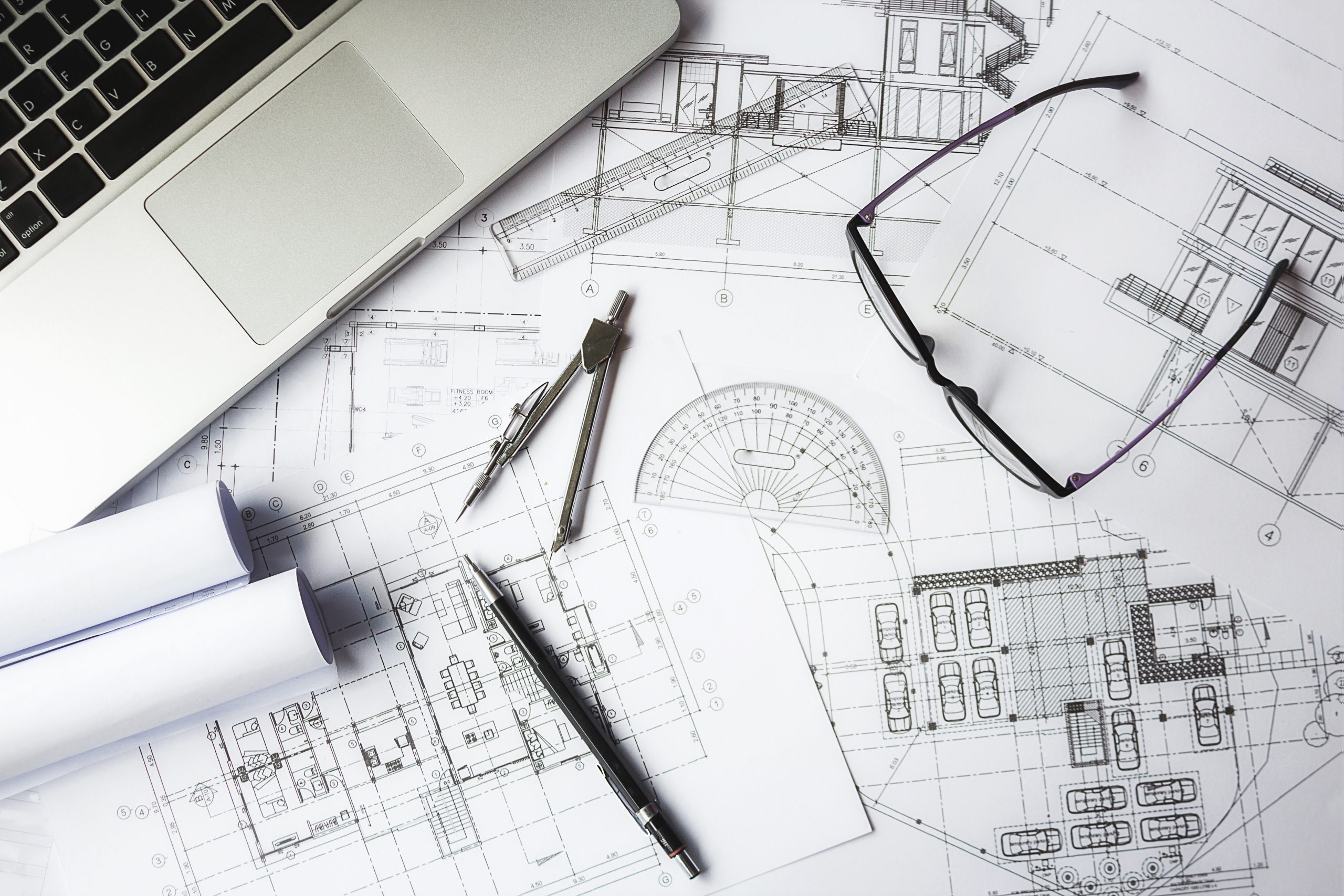 Image of engineering objects on workplace top view.Construction